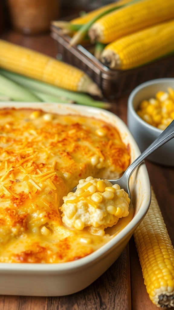 A golden corn casserole with melted cheese on top, served in a baking dish on a wooden table.